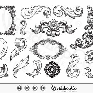 May include: A set of 14 black and white vintage style ornate floral design elements. The designs include swirls, scrolls, and flourishes. These elements can be used for scrapbooking, card making, invitations, and other craft projects.
