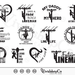 Könnte beinhalten: Ein Set mit 10 schwarzen und weißen digitalen Schnittdateien mit verschiedenen Designs mit dem Wort "Lineman" und Bildern eines Linienarbeiters, der an einem Strommast arbeitet. Die Designs beinhalten Sätze wie "Ich liebe meinen Lineman", "Weltbester Lineman-Papa", "Spare eine Sicherung, lass einen Lineman durchbrennen", "Mein Daddy, mein Held", "Mehr Masten als eine Stripperin", "Ich arbeite am Mast, damit meine Frau es nicht tun muss", "Das gute Leben leben", und "Zukünftiger Lineman".