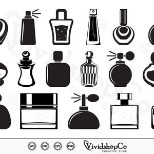 May include: A set of 14 black and white silhouette illustrations of perfume bottles. The bottles are in various shapes and sizes, some with stoppers, some with atomizers, and some with caps. The illustrations are perfect for use in crafting, scrapbooking, or digital design.