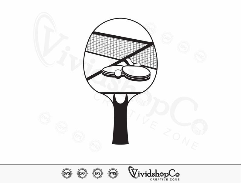 May include: Black and white illustration of a table tennis paddle with a net and two ping pong balls.