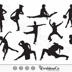 May include: Black silhouette illustrations of people in various dance and performance poses. The figures include a cheerleader, a dancer, and a person doing the splits. The image also includes the VividshopCo Creative Zone logo and file type icons.