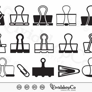 May include: A set of 13 black and white clip art illustrations of binder clips. The illustrations are in various styles and sizes.