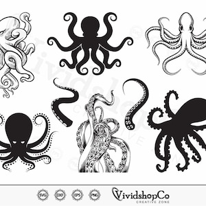 May include: A set of six black and white vector illustrations of octopuses in various poses. The octopuses are drawn in a detailed and realistic style.