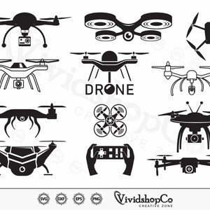 Può includere: Un set di dieci illustrazioni di droni in silhouette in bianco e nero. Le illustrazioni includono vari design di droni, tra cui quadricotteri, esacotteri e un drone con una telecamera. La parola "DRONE" è scritta in maiuscolo sotto una delle illustrazioni di droni.