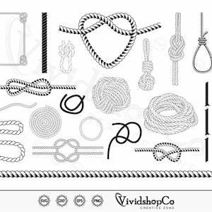 Op de afbeelding: Een set met zwarte en witte touwillustraties, inclusief knopen, randen en frames. De illustraties zijn perfect voor knutsel-, scrapbooking- en digitale ontwerp projecten.