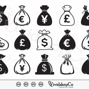 Money Bag SVG, Money Bag Icon Clipart, Dollar Bag svg, Euro Bag SVG, Pound bag, Yen Bag Sign, File di taglio, per silhouette, svg, eps, dxf, png
