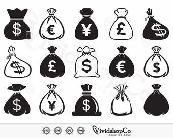 Geldsack SVG, Geldsack Symbol Clipart, Puppentasche SVG, Euro Tasche SVG, Pfundsack, Yen-Beutel-Schild, Schnittdatei für Silhouette, svg, eps, dxf, png