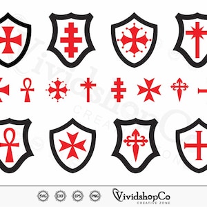 Könnte beinhalten: Eine Sammlung roter und schwarzer heraldischer Symbole, darunter Schilde und Kreuze. Die Schilde haben einen schwarzen Rand und zeigen verschiedene Kreuzdesigns. Das Bild enthält auch den Text "VividshopCo CREATIVE ZONE" und Dateityp-Symbole.