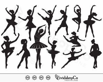 May include: A set of 10 black silhouette images of ballerinas in various poses. The ballerinas are wearing tutus and are all facing different directions.