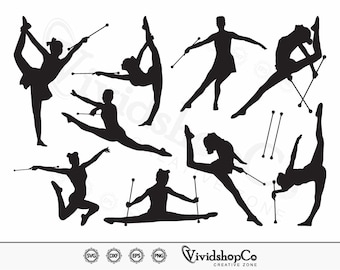 May include: Silhouettes of eight baton twirlers in various poses. The twirlers are all wearing leotards and have their hair pulled back. They are holding batons in their hands and are in mid-air or on the ground.