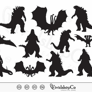 Può includere: Silhouette nere di vari mostri, tra cui Godzilla e altre creature con ali e caratteristiche appuntite. L'immagine include il logo VividshopCo Creative Zone e le icone dei tipi di file.