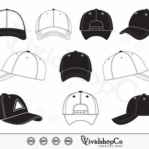 Puede incluir: Una colección de diseños de gorras de béisbol en blanco y negro. Las gorras se muestran desde varios ángulos, incluyendo vistas frontal, lateral y trasera. Algunas gorras tienen un color sólido, mientras que otras tienen viseras contrastantes. La imagen incluye el texto "VividshopCo CREATIVE ZONE".