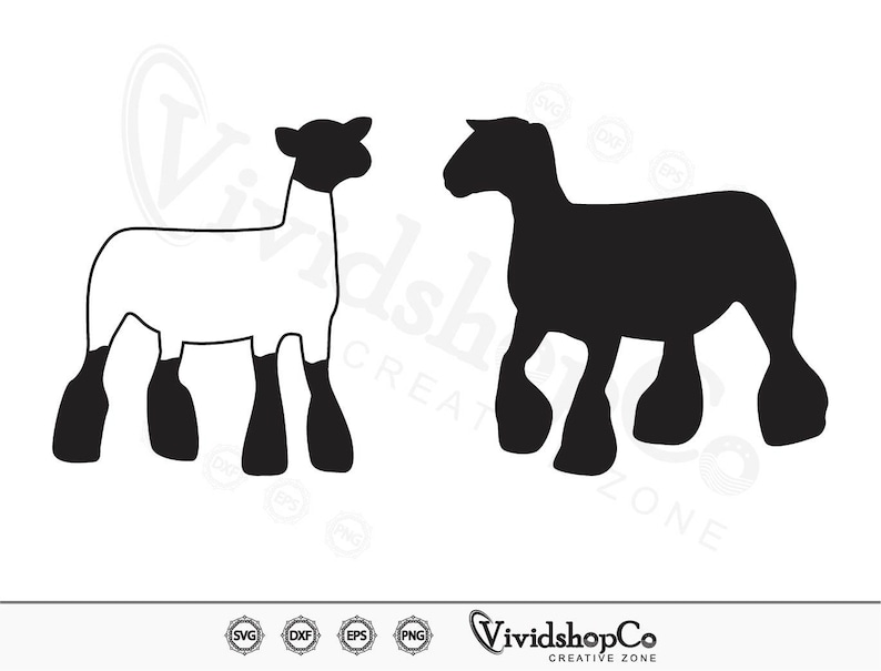 May include: Black and white silhouette of a sheep and a lamb standing side by side. The sheep is on the right and the lamb is on the left. Both animals are facing forward.
