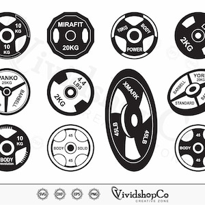 May include: A set of ten black and white weight plates for a barbell. The plates are various sizes and have different brand names, including "Mirafit", "Body Power", "Ivano Company", "Xmark", "York Barbell", and "Body Revolution".