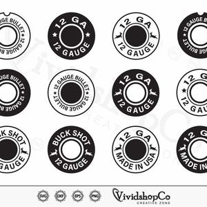 Puede incluir: Una colección de diseños en blanco y negro de balas y perdigones del calibre 12. Los diseños incluyen texto como "12 Gauge Bullet", "Buck Shot 12 Gauge" y "Made in USA". Los diseños son circulares.