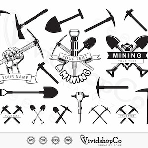 Könnte beinhalten: Schwarz-weiße Vektorillustration von Bergbauwerkzeugen und -ausrüstung, darunter eine Spitzhacke, eine Schaufel, ein Presslufthammer und ein Logo mit dem Wort "MINING".