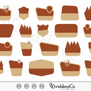 May include: A collection of brown and tan vector graphics in various shapes, including shields, rectangles, and stylized tree silhouettes. Some designs feature a shield with a forest scene or a bear silhouette. The designs are suitable for outdoor or nature-themed projects.