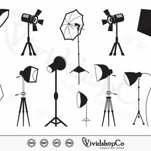 May include: A set of ten black and white silhouette illustrations of studio lighting equipment. The equipment includes spotlights, reflectors, and umbrellas.