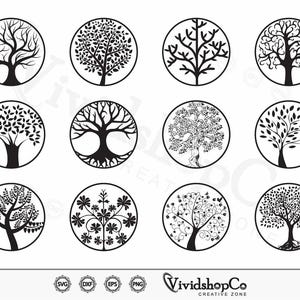 Puede incluir: Una colección de doce diseños de árboles en blanco y negro, cada uno dentro de un marco circular. Los árboles varían en estilo, mostrando diferentes patrones de hojas y ramas. El logotipo de VividshopCo Creative Zone está en la esquina inferior derecha.