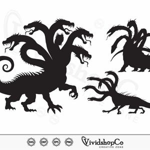 Puede incluir: Silueta negra de una hidra, una criatura mítica con múltiples cabezas, con una cola enroscada. La imagen también incluye otras dos siluetas negras de hidras con múltiples cabezas y colas.