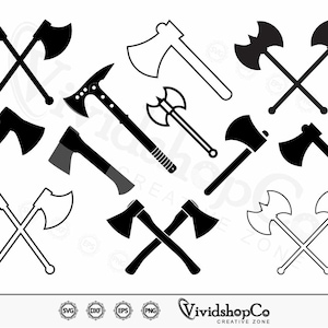 May include: A set of 10 black and white axe and hatchet SVG cut files. The files include a variety of axe and hatchet designs, including crossed axes, single axes, and hatchets.