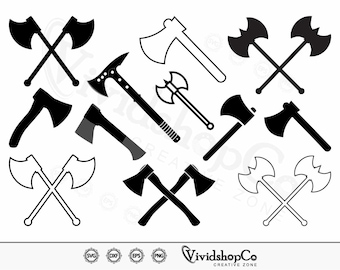 Op de afbeelding: Een set van 10 zwarte en witte SVG-snijbestanden voor bijlen en hakbijlen. De bestanden bevatten een verscheidenheid aan bijl- en hakbijlontwerpen, waaronder gekruiste bijlen, enkele bijlen en hakbijlen.