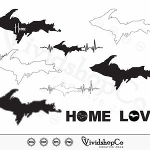 Puede incluir: Una colección de diseños gráficos en blanco y negro que presentan el contorno de una masa de tierra, con la palabra "Home" y la frase "Home Love". Los diseños incluyen la forma de la masa de tierra con una línea de latido del corazón y la forma de la masa de tierra en forma sólida y de contorno.