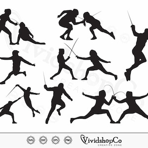 May include: A collection of black silhouettes depicting various fencing poses and duels. The figures are shown in dynamic motion, holding swords, lunging, and jumping. The graphic includes the text VividshopCo Creative Zone and file format icons.