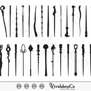 May include: A set of 28 black and white silhouette images of various wand designs. The wands are all different shapes and sizes, and some have intricate details. The images are perfect for crafting, scrapbooking, or digital design.