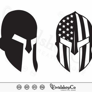 May include: Two black Spartan helmet designs. One is a solid silhouette, the other features the American flag design with stars and stripes. The image includes the text "VividshopCo CREATIVE ZONE".