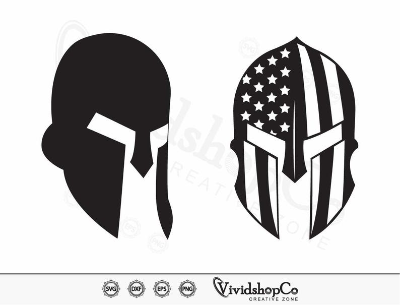 May include: Two black Spartan helmet designs. One is a solid silhouette, the other features the American flag design with stars and stripes. The image includes the text "VividshopCo CREATIVE ZONE".