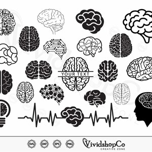 May include: A black and white graphic design set of brain illustrations. The set includes various brain shapes, including a brain with a heart beat, a brain with a light bulb, and a brain with the text "YOUR TEXT".