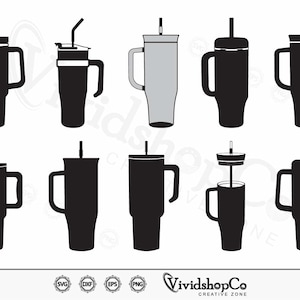 May include: A set of ten black and white silhouette images of different styles of tumblers with lids and straws. The tumblers have a handle and are designed for hot or cold beverages.