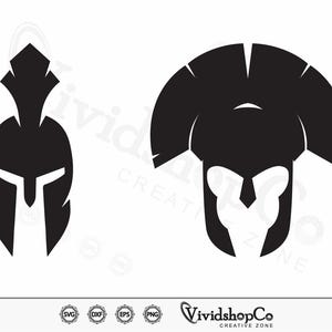 May include: Two black Spartan helmet designs on a white background. One helmet is upright, the other is a frontal view. The image includes the text "VividshopCo CREATIVE ZONE" and file type icons.