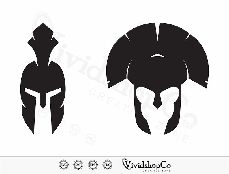 May include: Two black Spartan helmet designs on a white background. One helmet is upright, the other is a frontal view. The image includes the text "VividshopCo CREATIVE ZONE" and file type icons.