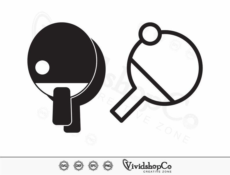 May include: Two black and white table tennis paddles, one with a ball on the end of the handle. The paddles are outlined in black and have a white line across the middle.