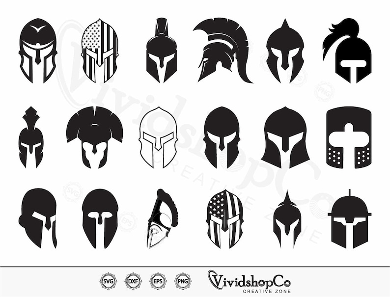 May include: A collection of black and white Spartan helmet designs. The helmets vary in style, including some with American flag patterns. The image includes the text "VividshopCo Creative Zone" and file type icons.