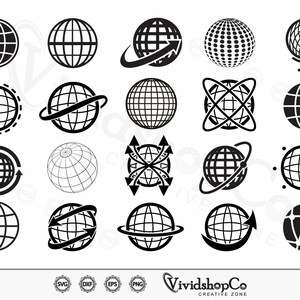 May include: Set of 16 black and white globe icons. The icons are in various styles, including a globe with a dotted surface, a globe with a compass, and a globe with arrows pointing in different directions.