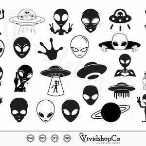 May include: A set of 20 black and white alien-themed SVG cut files. The designs include aliens, UFOs, and other space-related imagery.