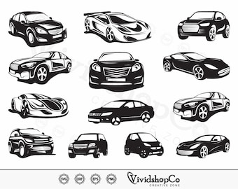 May include: A set of 12 black and white car silhouette illustrations. The cars are in various styles, including sedans, SUVs, sports cars, and hatchbacks. The illustrations are perfect for use in design projects, crafts, or as clipart.