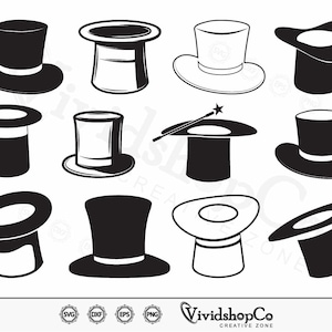 Może przedstawiać: Zestaw 12 czarno-białych sylwetkowych ilustracji cylindrów. Kapelusze są w różnych stylach i kątach.