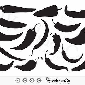 May include: A set of 14 black and white silhouette images of chili peppers in various shapes and sizes. The images are perfect for crafting, scrapbooking, or digital design projects.