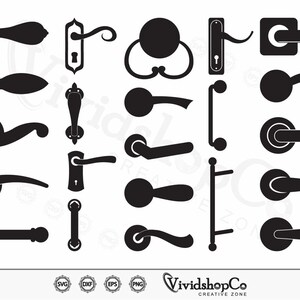 May include: A set of 20 black and white silhouette images of different door knob and handle designs. The images are in a variety of styles, including traditional, modern, and contemporary.