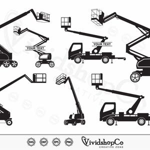 May include: Black and white vector illustrations of aerial lifts, including boom lifts and scissor lifts. Some lifts are mounted on trucks, while others have wheels. The text "YOUR TEXT" is visible on some of the lifts.