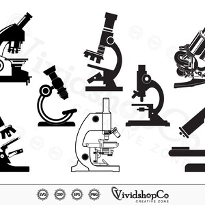 Può includere: Un set di otto illustrazioni di microscopi in bianco e nero. I microscopi sono in vari stili e posizioni, tra cui viste laterali, viste dall'alto e viste angolate.