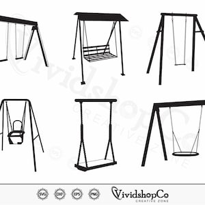 May include: Six black silhouette illustrations of different swing set designs. The swing sets are made of wood and have a variety of swing styles, including a traditional swing, a baby swing, and a tire swing.