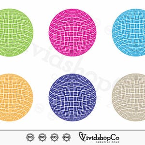 May include: Six colorful sphere designs with a grid pattern. The spheres are green, pink, blue, yellow, blue, and gray.