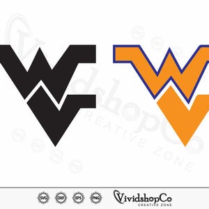 May include: Black and orange West Virginia University logo with a blue outline. The logo is a stylized "W" with two points at the top and a single point at the bottom.