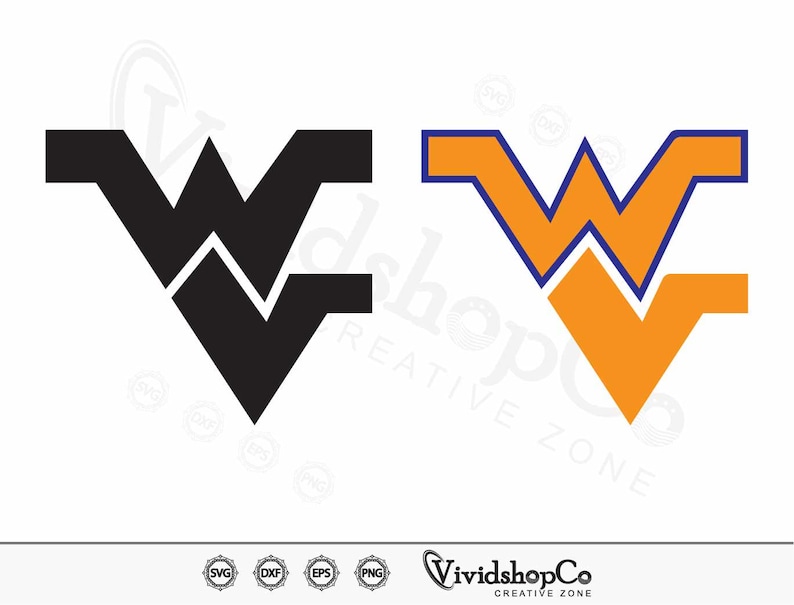 May include: Black and orange West Virginia University logo with a blue outline. The logo is a stylized "W" with two points at the top and a single point at the bottom.