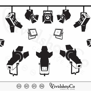 May include: A set of nine black and white silhouette images of stage lights. The lights are hanging from a bar and are in various positions. The lights are all facing down and have a simple design.
